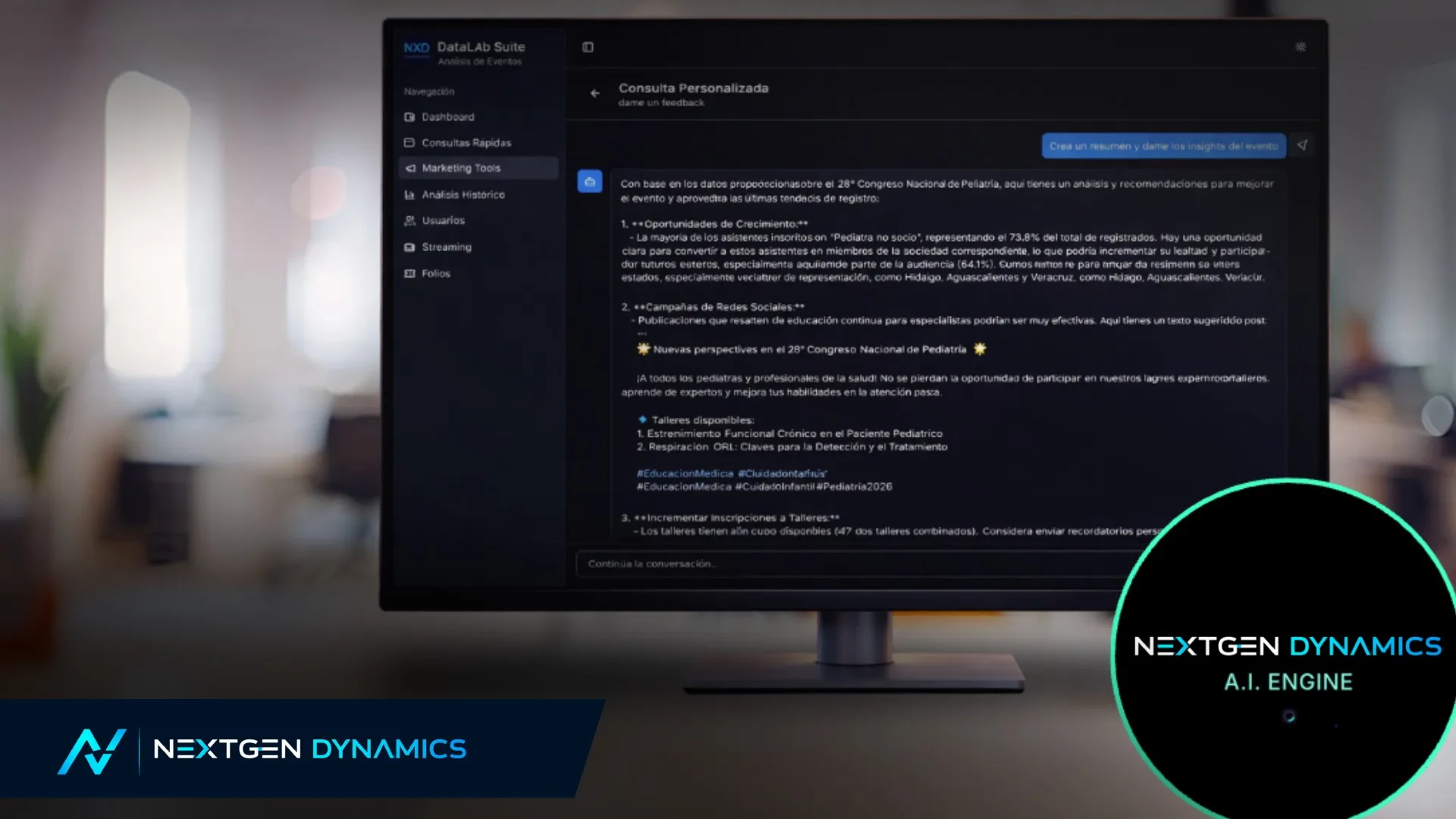 NXD AI Engine analizando datos y proponiendo acciones para un evento