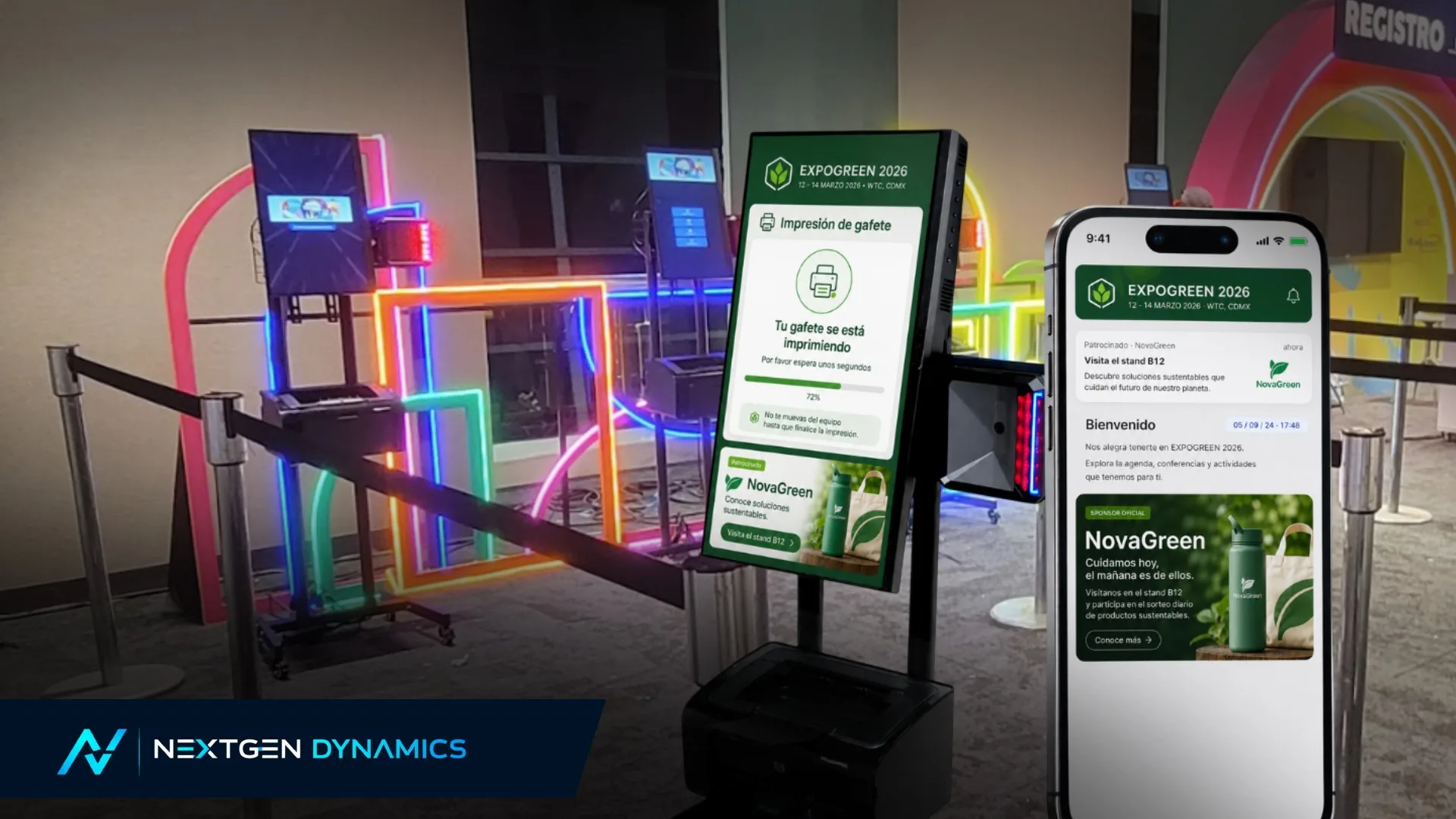 Ejemplo de presencia de patrocinadores en un kiosko y en la app del evento